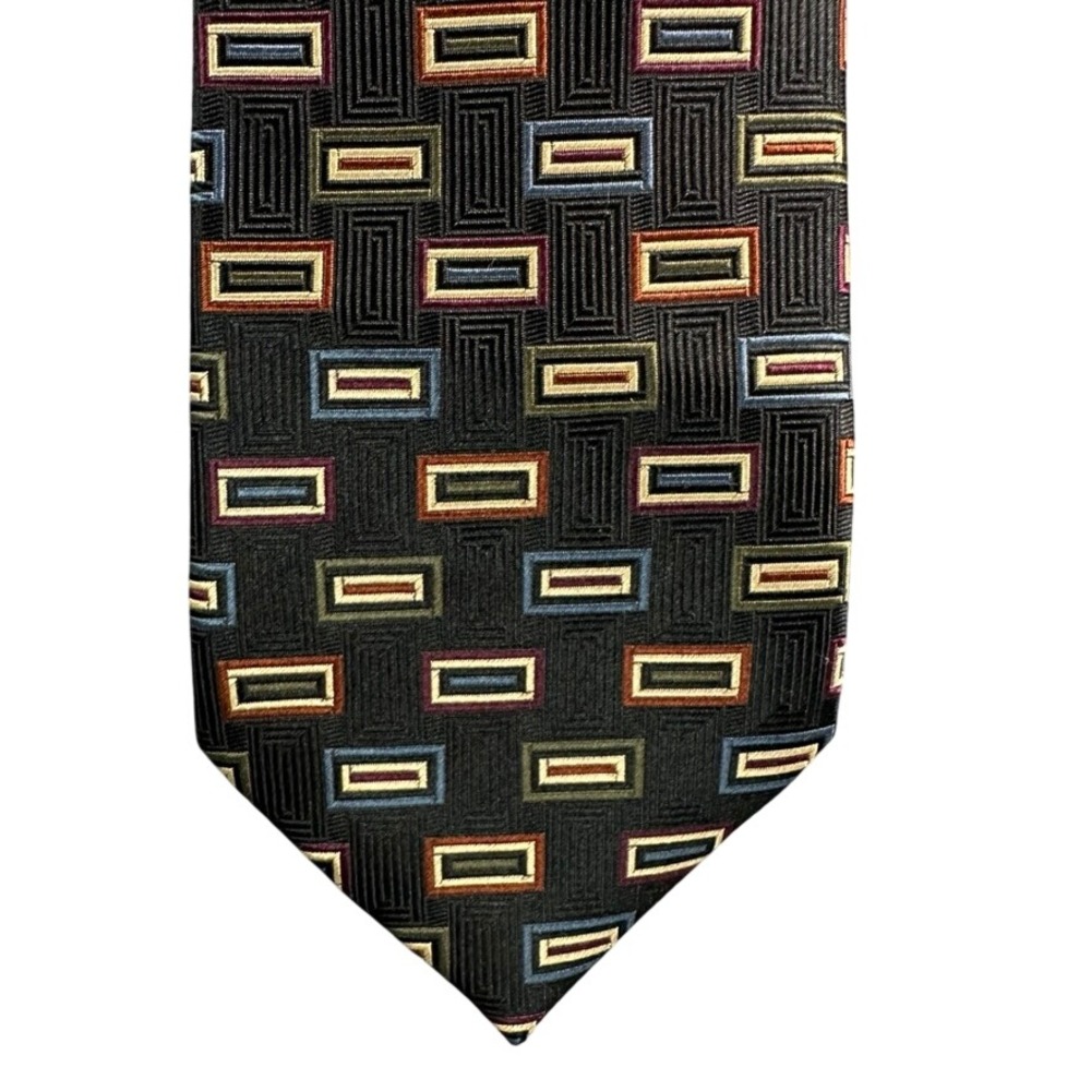 Carlo Palazzi Studio Silk Tie Black Geometric Rectangle Gold Blue Burgundy 60in